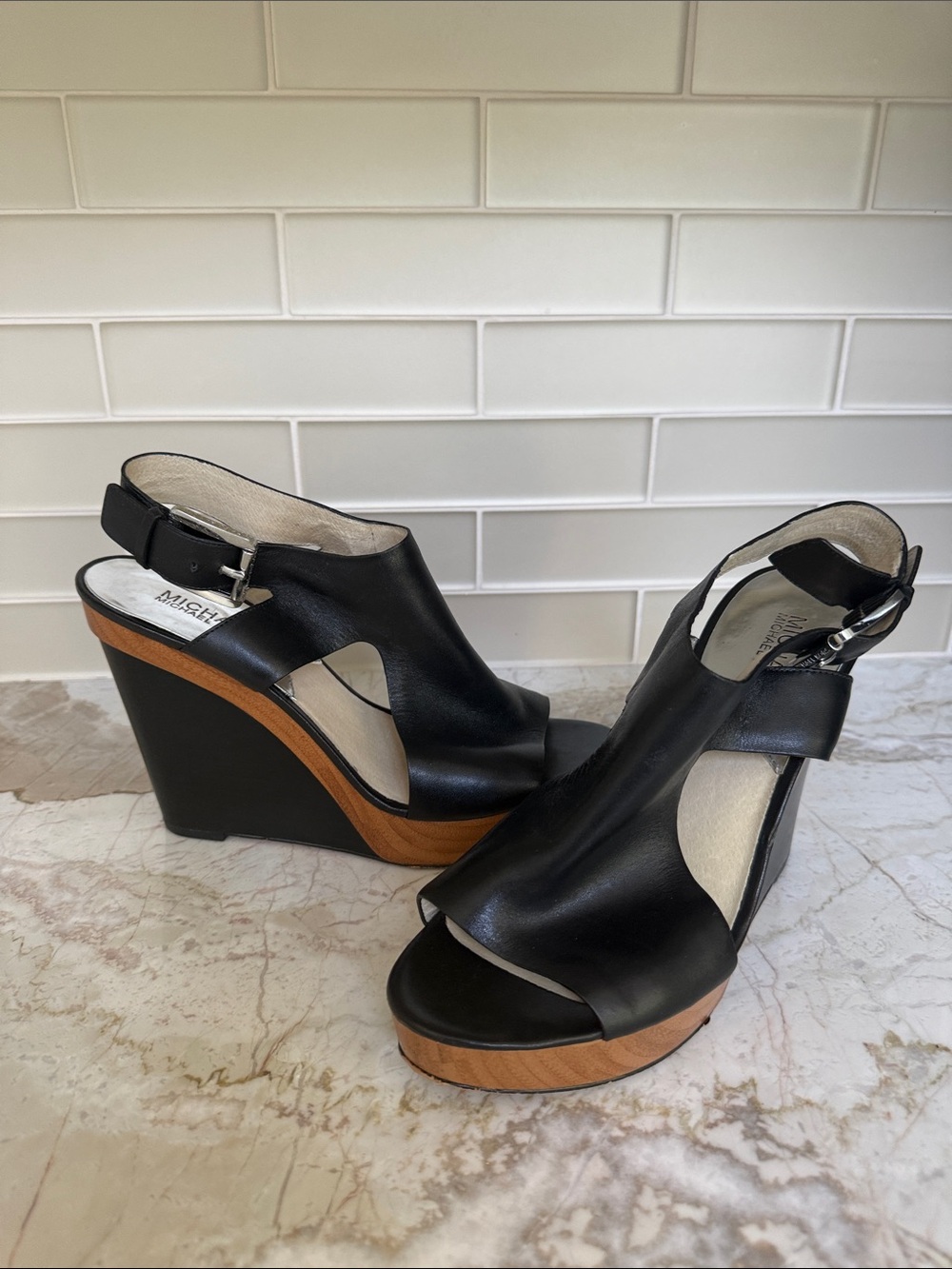 MICHAEL by Michael Kors Black Leather Wedge Sandals with Wood-Effect Platform